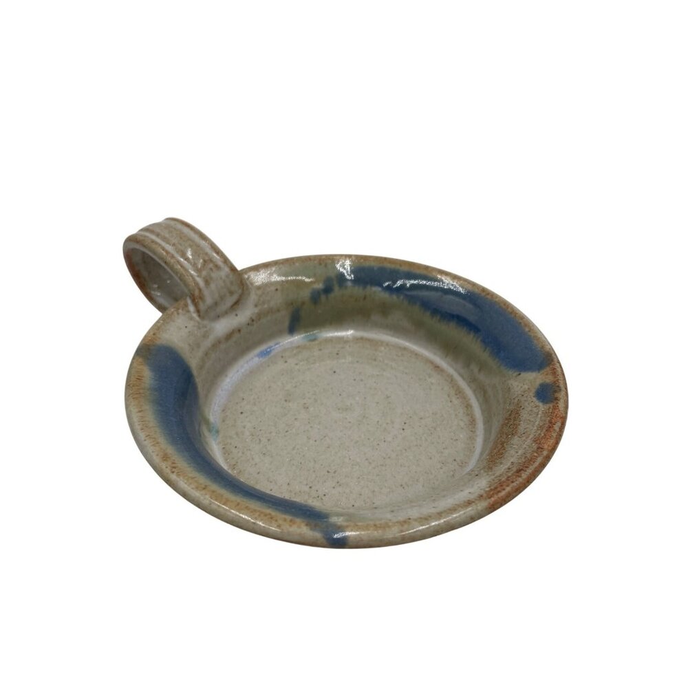 Handmade Studio Pottery Candle Holder Handle & Blue Glaze Finish 5.25"
